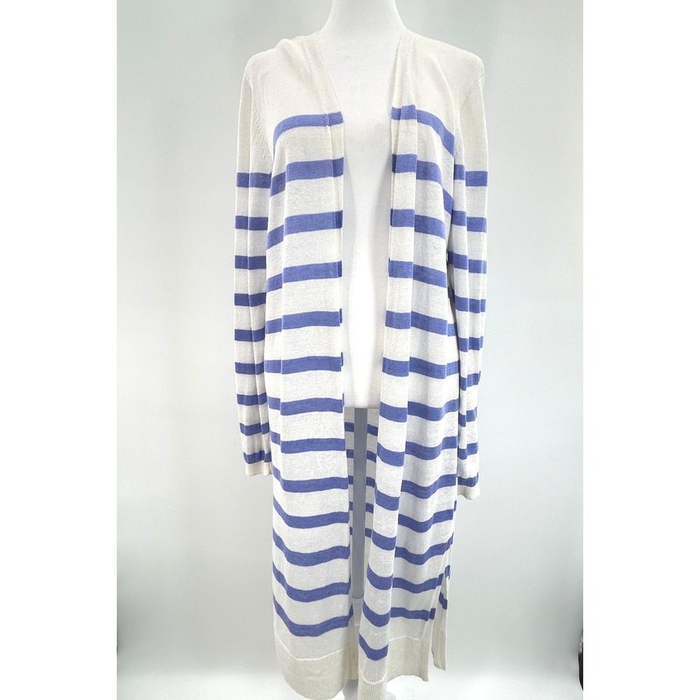 Talbots Linen Blend Blue Stripe Long Cardigan Duster Lightweight Coastal M - Picture 2 of 9